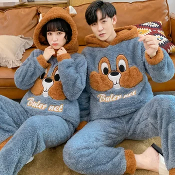 

2020 Flannel Couples Plush Pajamas Set Winter Thicker Hooded Men Pyjama Set Long Pants Animal Cartoon Printed Pijamas hombre