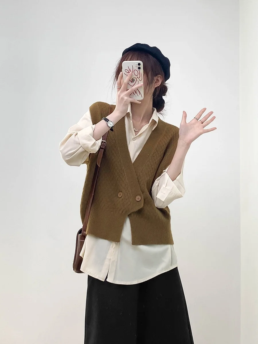 Women Vest Woolen Knitted Shirt Top Folding Two-piece Suit Women's New In Autumn 2021 | Женская одежда