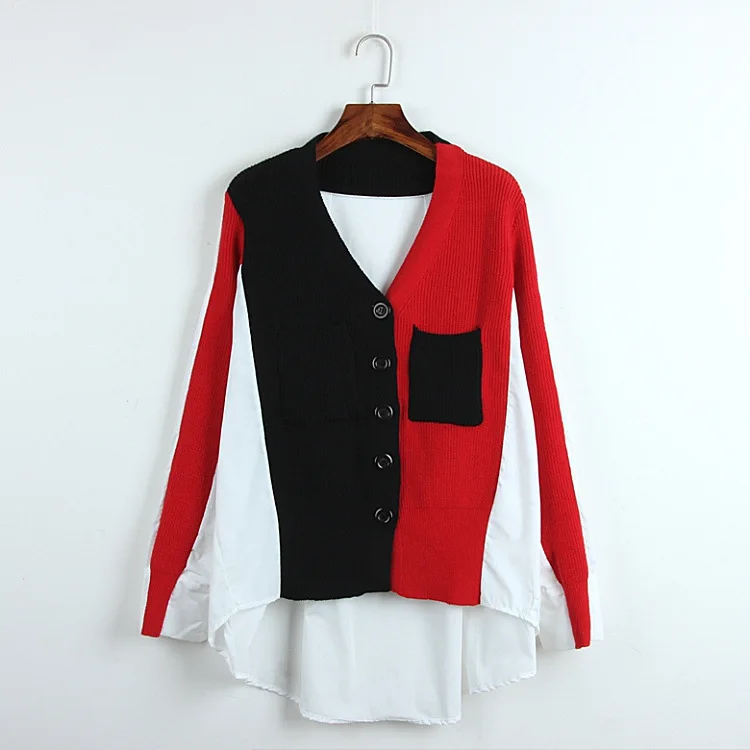 Autumn new women's fashion fake two shirts stitching loose V-neck single pocket color matching knitted cardigan |