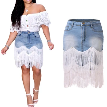 

AA Women Denim Bag Hip Skirt High Waist Tassel Stitching Irregular Skirt Street Fashion Style