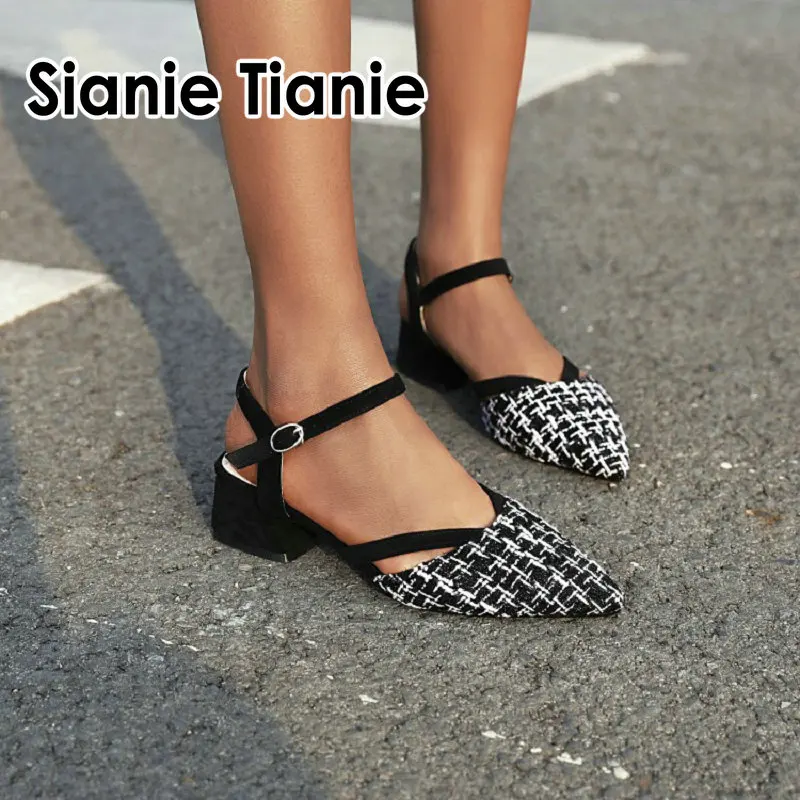 

Sianie Tianie 2020 summer pointed toe houndstooth plaid checked woman med heels shoes big size 45 46 47 elegant women sandals