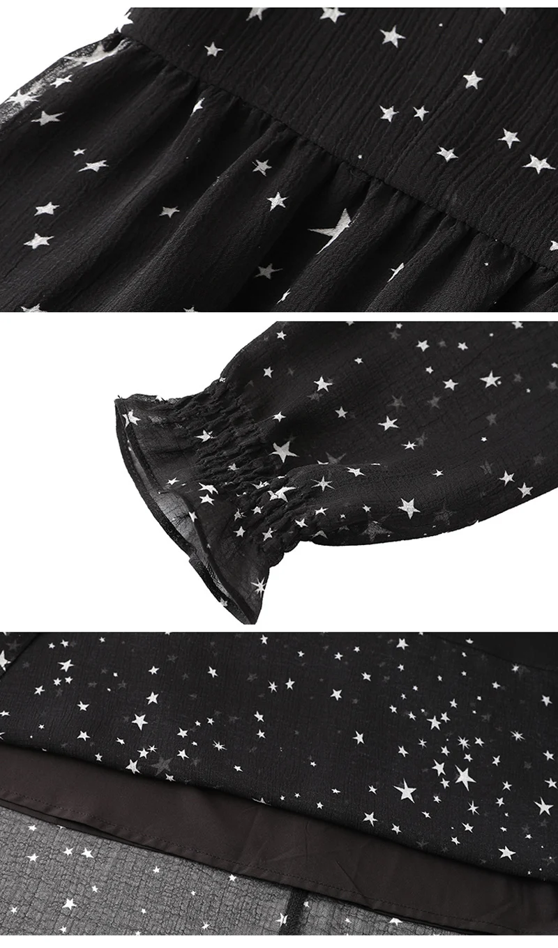 Осеннее шифоновое платье Женская одежда черное Расшитое бисером О-образный вырез фонарь длинный рукав принт со звездами весеннее платье размера плюс 5xl 4xl 3xl-M