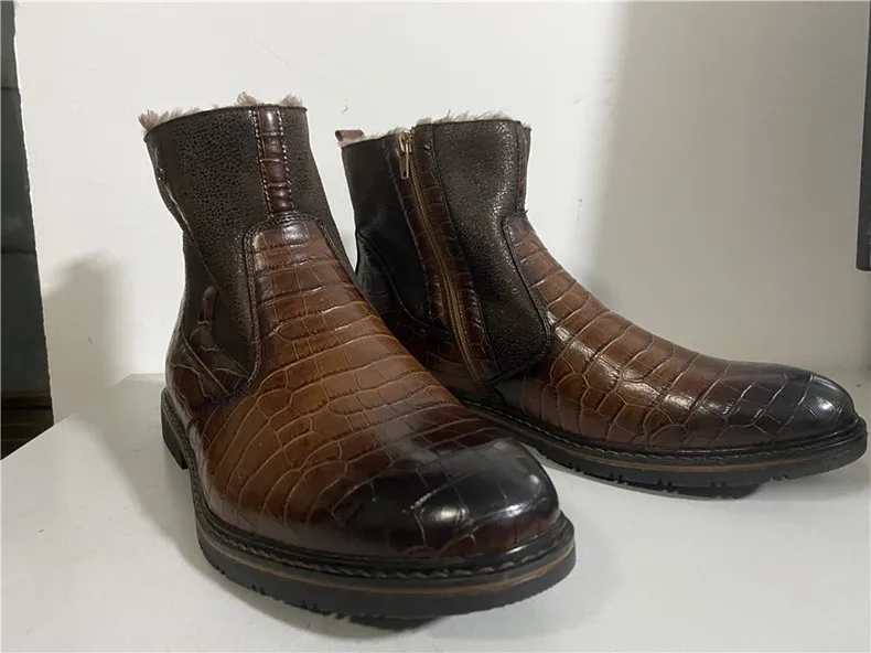 Men Genuine Leather Boots Fur Anckle Boots Plush Warm Winter Boots Genuine Leather Pointed Toe Boots Men Business Formal Boots (3)