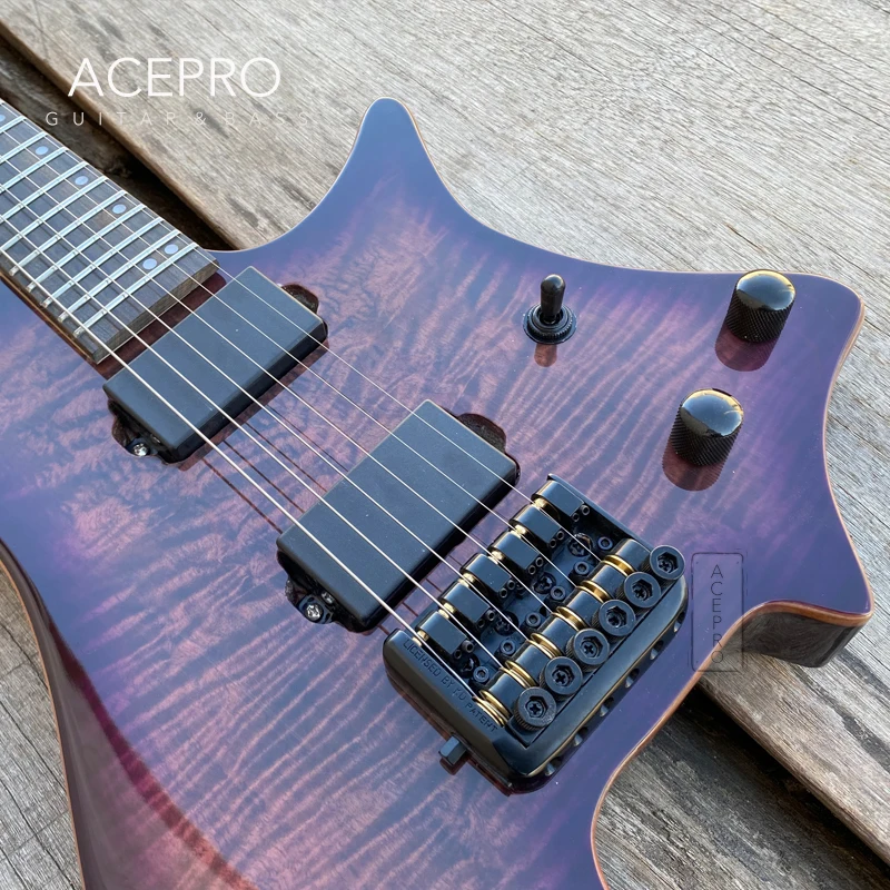 В наличии Purple Burst Grote безголовая электрическая гитара с облицовкой Koa top глянцевая