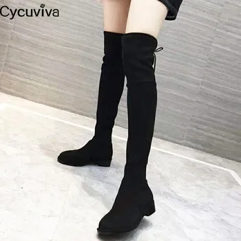 

New Suede Over the Knee High Boots Women Square Heel Mules Ladies Casual Shoes Round Toe Long Stretch Boots Women Botas Mujer