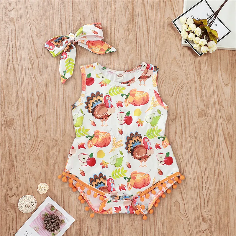 

Newborn Baby Girls Thanksgiving Halloween free shipping Clothes Tassel turkey print Bodysuit bow Headband 2pc lovely Outfits