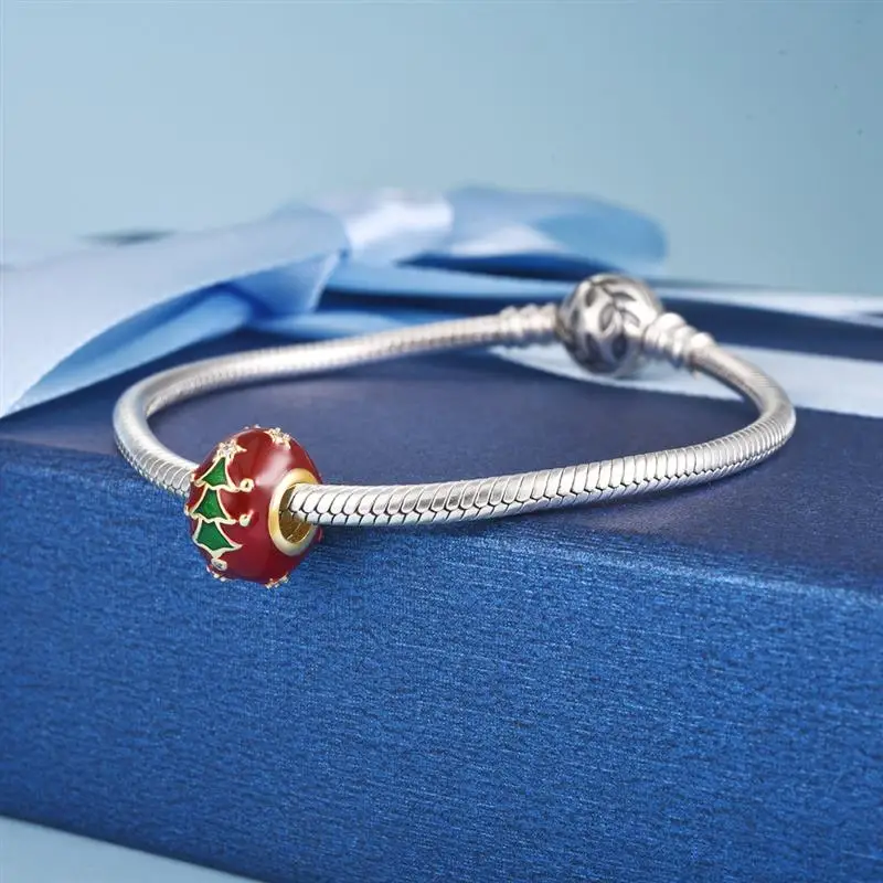 DALARAN, Рождественская елка, 925 пробы, серебряный шарм, круглая красная эмалированная бусина, подходит для оригинального браслета Pandora для женщин, рождественский подарок