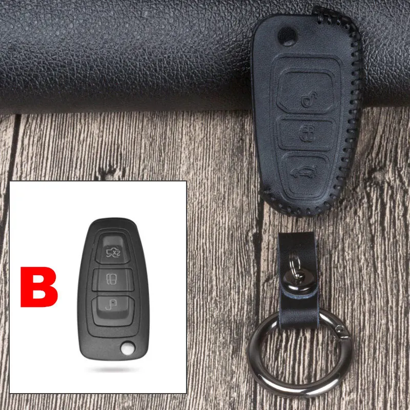 Кожаный чехол для ключей автомобиля для Ford Fiesta Focus Galaxy Mondeo Transit Tourneo MK3 MK4 Ecosport Kuga Everest Explorer Edge Kuga - Название цвета: B Black