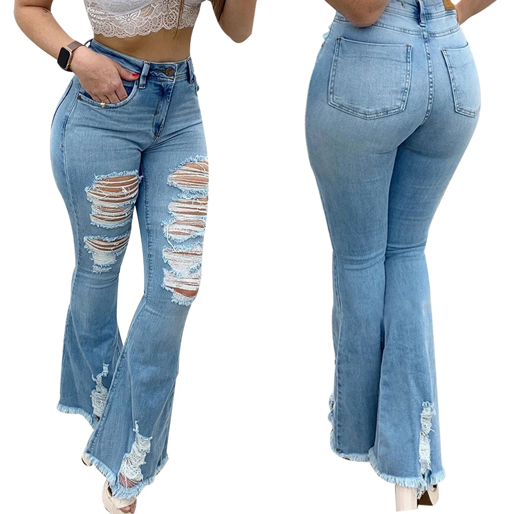 Women Stripped High Waist Denim Jeans Slim Fit Flare Pants Ladies Skinny Bell Bottom Full Length Jean Wide Leg Raw Hem Trousers buckle jeans