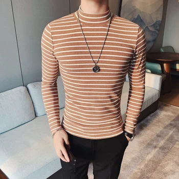 

British Style Men's Striped T-Shirt Fashion 2020 High Quality Long Sleeve Men's T-Shirt Street Wear Slim Turtleneck T-Shirt Men