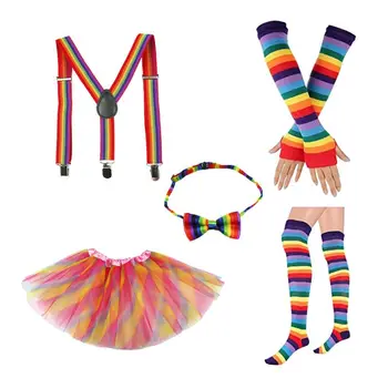 

Adult Kids 80s Rainbow Cosplay Costume Set Stripes Tutu Skirt Suspenders Socks