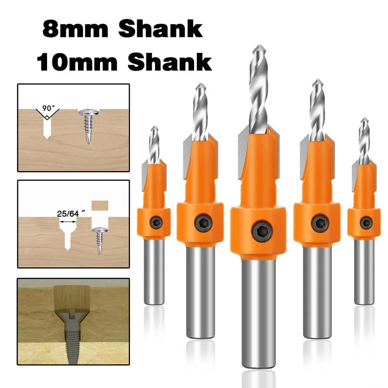 

1Pcs 8/10mm Shank HSS Woodworking Countersink Router Bit Set Screw For Wood Milling Cutter Metal Alloy Drill Bit +Wrench