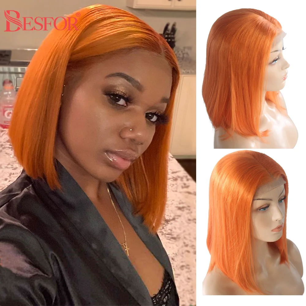 Orange Bob Lace Front Wig 13x4 Lace Frontal Wig Human Hair Straight Short Blunt Cut Middle Side Part 180% Density Besfor