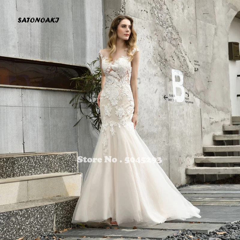 

SATONOAKI 2020 Lace Wedding Dresses Mermaid Bridal Gown With Scoop Sheer Back Sleeveless Ivory Nude Vestido De Novia