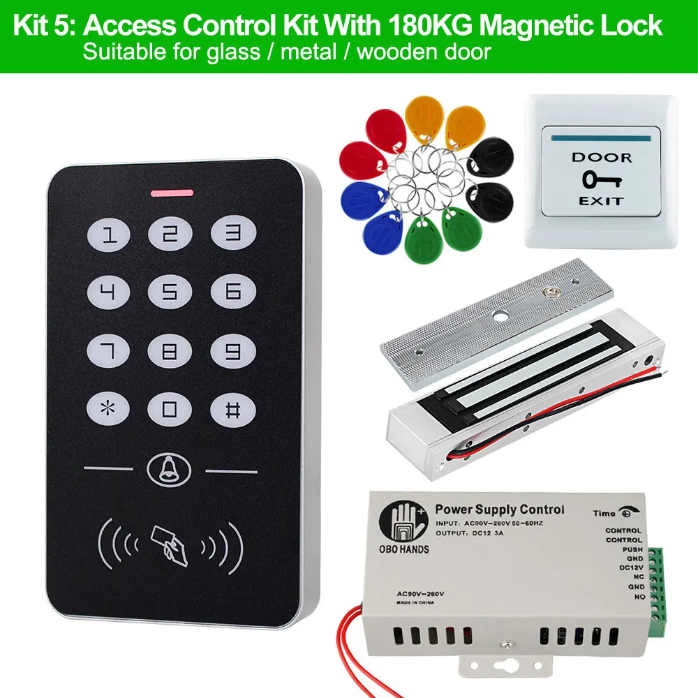 Kit5 Система контроля допуска к двери комплект RFID Клавиатура контроля доступа+ блок питания+ Электрический магнитный замок болт ударные замки+ 10 шт. ключи - Цвет: Kit5