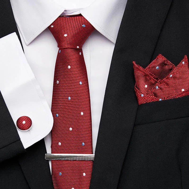 

Luxury Men's Male Red Dot Tie Handkerchief Set Black Dot 7.5cm Necktie Pocket Square Tie Clip For Men Wedding Accessories