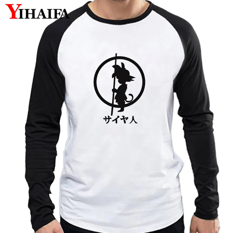 

Stylish Men Long Sleeve T Shirts 3D Print Pocket Goku Letters Dragon Ball Graphic Tees White Casual Tee Tops Male T-shirt