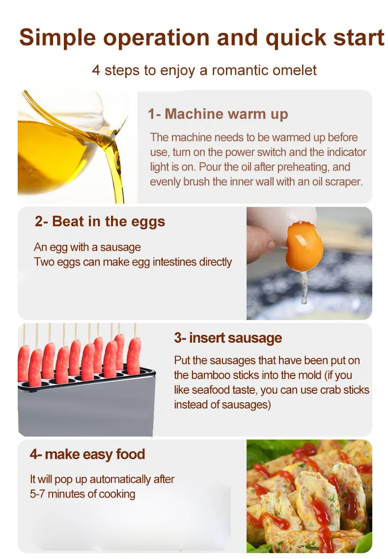 Description Picture 6 of itemAutomatic Rising Commercial Fried Egg Sausage Maker Hot Dogs Baking Machine Breakfast Eggs Roll Omelette Master Roller Boiler EU