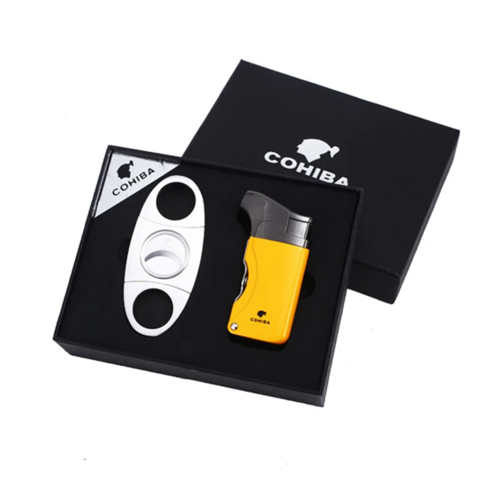 

Windproof 1Torch Jet Flame Cigarette Cigar Lighter cutter set with 2 Cigar Punch for best Gift