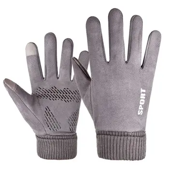 

Mens Winter Thick Plush Lining Suede Stretch Gloves Touchscreen Thermal Ribbed Cuff Snow Ski Driving Sports Mittens Wrist Warmer