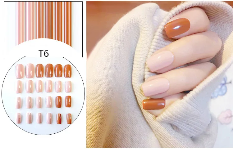 24 шт. миндаль поддельные ногти сплошной цвет прыжок Diy Дизайн ногтей украшения 10 стилей средней длины наконечник аксессуар с клеем - Цвет: T6