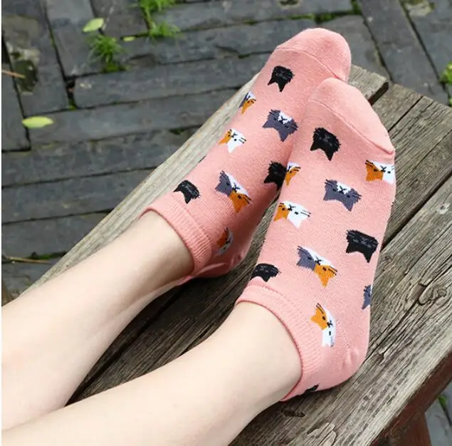 Милые хлопковые женские носки-тапочки с котом; Веселые носки; сезон весна-осень; носки-башмачки с закрытым носком