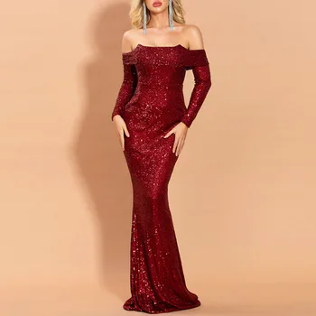 

Elegant Ruffles Off Shoulder Mermaid Long Dress Luxury Black Sequines Prom Party Robe Femme Long Sleeve Blue Dinner Gown Formal