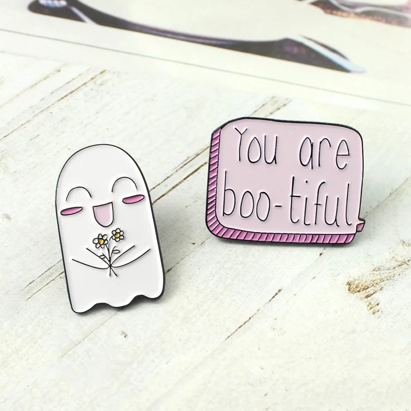 

White Cute Sweet Ghost Bouquet Brooch YOU Are Boo-tiful Dialog Personality Enamel Pin Denim Jackets Badge To Girl Friends Gifts