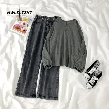 

HWLZLTZHT Spring Two Piece Set Women Outfit Loose Jeans High Waist Denim Pants Long Sleeve Pullover Cotton Oversized Sweatshirt