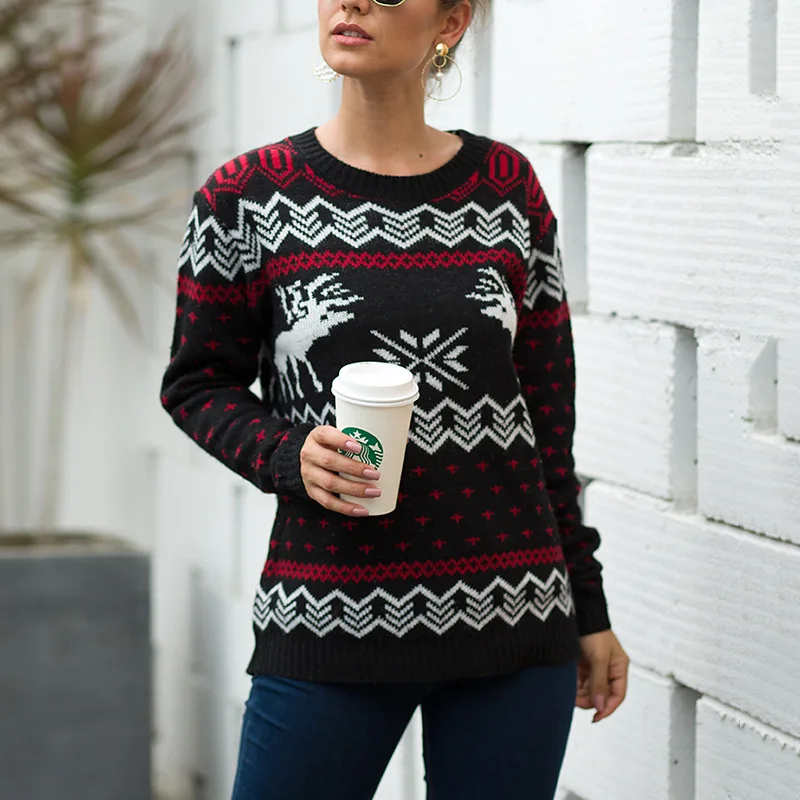 

2019 Pullover Christmas Sweater Women Knitting Snow Fawn Jacquard Weave Long Sleeve Autumn Winter Jumper Sueter Mujer