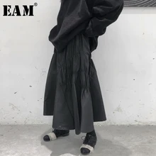 [EAM] черная плиссированная юбка с высокой эластичной талией и разрезом для темпераментных женщин, модная новинка, весна-осень, 1K825