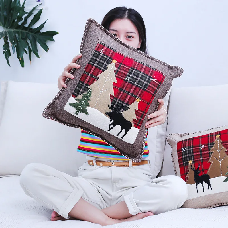 

38*38cm Christmas Pillowcase Red Plaid Cushion Cover Square Cotton Linen Pillow Cases Cover Home Office Sofa Car Christmas Decor