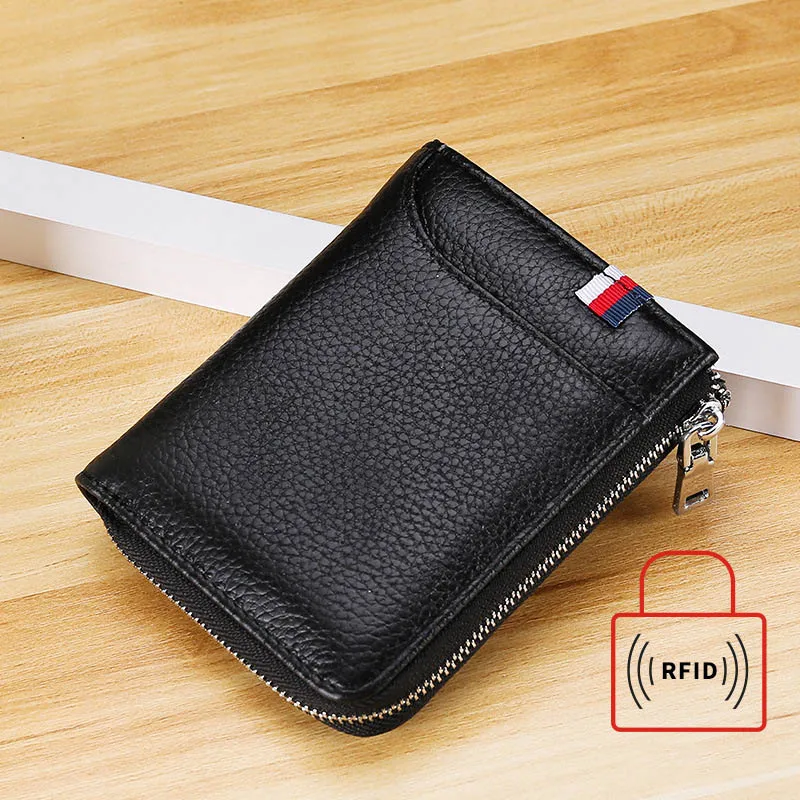 Черный Rfid мужской кошелек из натуральной кожи большой емкости на молнии мужской кошелек для монет короткие кошельки мульти-держатели для карт черный деловой Повседневный - Цвет: Черный