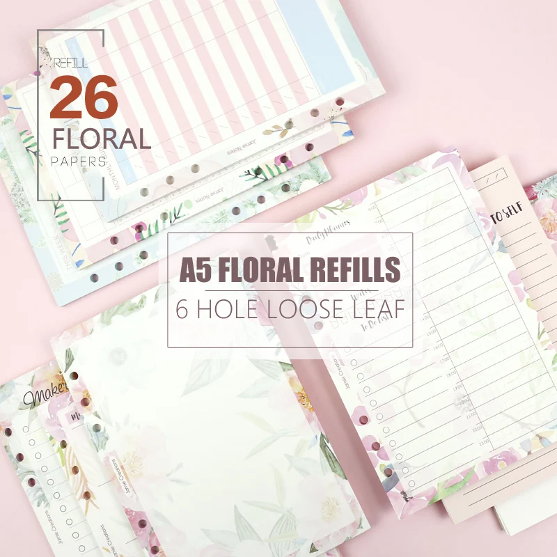 MyPretties 40 Sheets Floral Refill Papers Blank Ruled Daily Weekly Planner A5 for 6 Hole Binder Organizer Notebook Papers