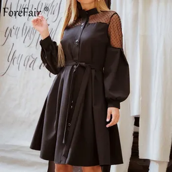 

Forefair Long Sleeve Mini Sexy Dress Women 2019 Autumn Lace Transparent Chiffon Casual Tunic Tie Waist Elegant Party Dress