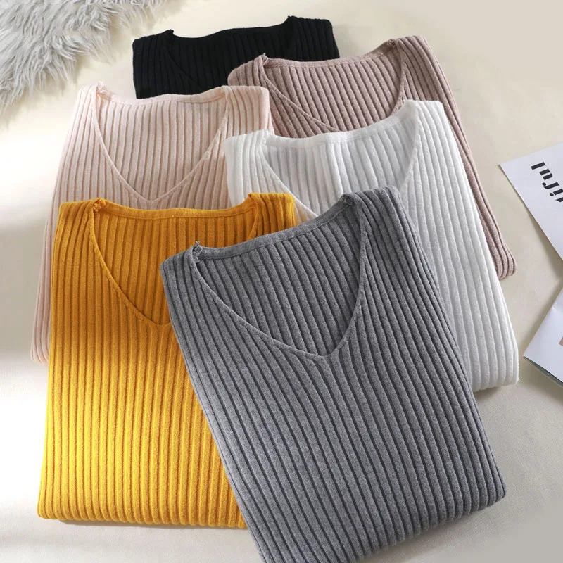 2019 basic v-neck solid autumn winter Sweater Pullover Women Female Knitted sweater slim long sleeve badycon cheap | Женская одежда