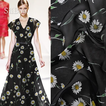 

Italy elegant daisy printed 6mm 100% natural silk chiffon silk fabric apparel for spring summer beach dress tecido SP5967