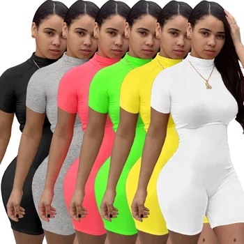 

Fitness Women Streetwear Neon Bodysuit Women Mock Neck Short Sleeve Casual Playsuit High Elastic Sexy Tight Sports Overalls 2020