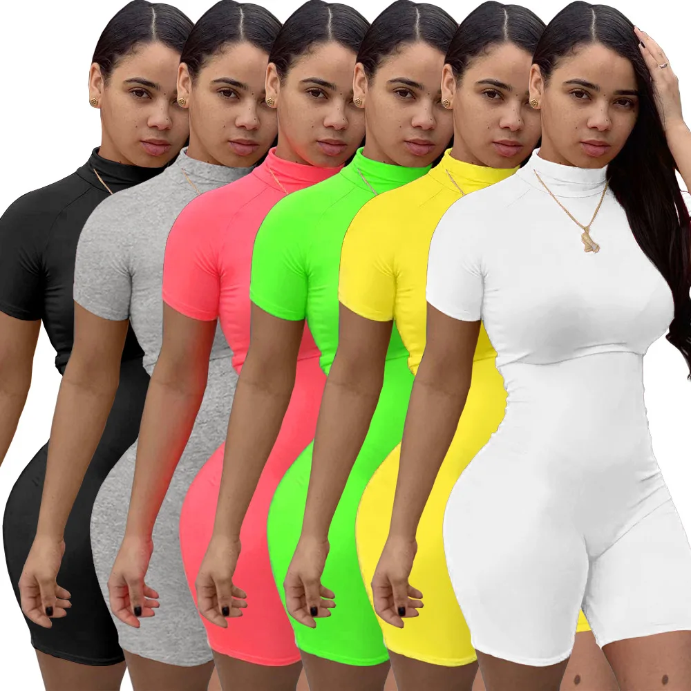 Fitness Women Streetwear Neon Bodysuit Women Mock Neck Short Sleeve Casual Playsuit High Elastic Sexy Tight Sports Overalls 2020 Fitness Women Streetwear Neon Bodysuit Women Mock Neck Short Sleeve Casual Playsuit High Elastic Sexy Tight Sports Overalls 2020
