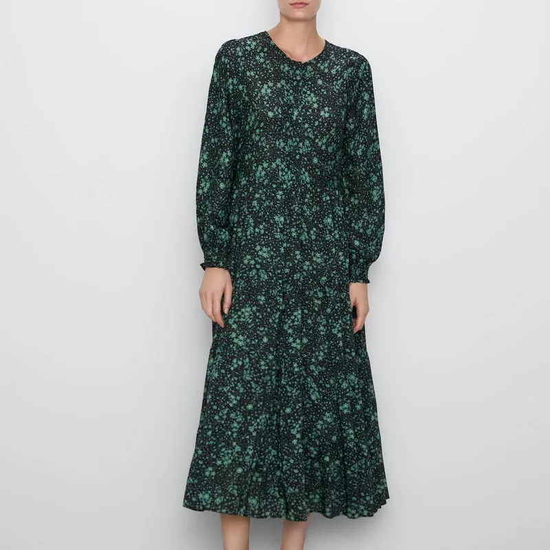 

Autumn Dress Women 2019 New Fashion Vintage Tiny Floral Prints Long Sleeve Vintage Feminino Vestidos Modern Lady Long Dresses