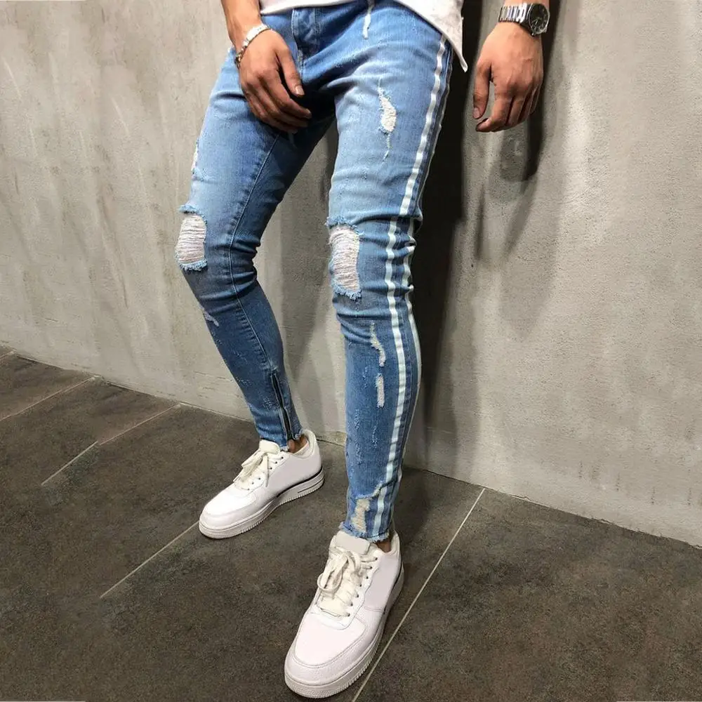 Обтягивающие мужские джинсы модные однотонные повседневные джинсовые Прямые рваные джинсы длинные брюки Peto Vaquero Hombre#4B09