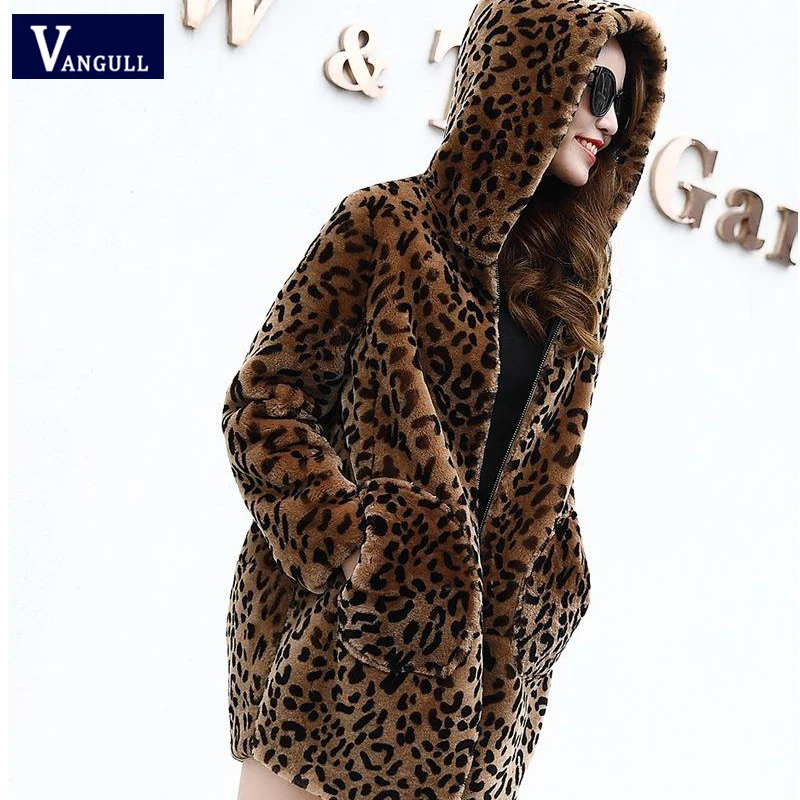 Vangull/женские леопардовые пальто из искусственного меха; зимняя теплая Толстая куртка с капюшоном; Новинка года; модная Свободная куртка на молнии с длинными рукавами; большие размеры