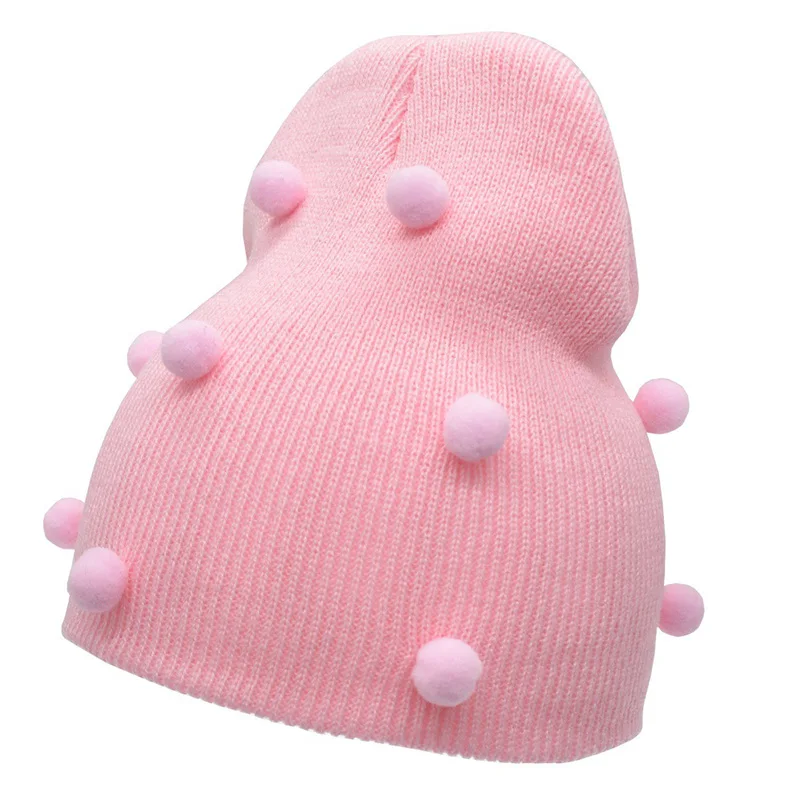 Новая детская зимняя шапка, вязаная детская шапочка с помпонами для девочек, 7 цветов, эластичная детская шапка, зимние шапки для малышей - Цвет: Pink pink