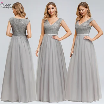

A-line Evening Dress Capped Sleeves V-neck Sequined Tulle Dress with Sashes Zipper-up Dress for Party