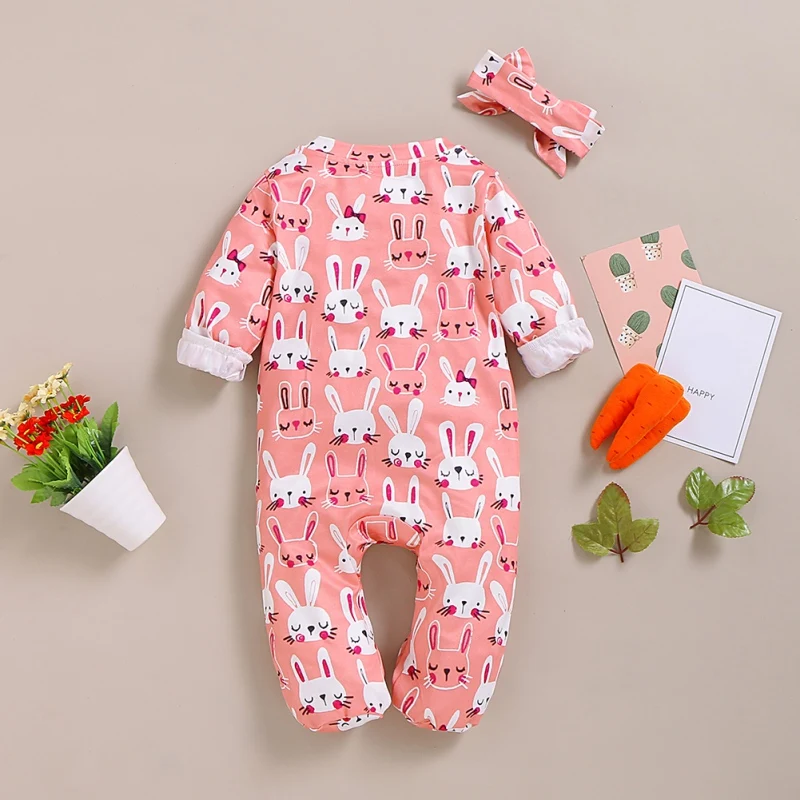 Новая осенняя одежда для маленьких девочек, хлопковый костюм с длинными рукавами и рисунком кролика+ повязка на голову, комплект для новорожденных