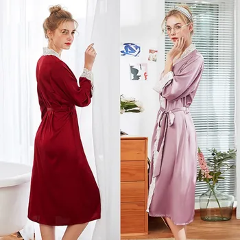 

Women's Casual Pajamas Sets Satin Silk Long Wedding Bride Bridesmaid Robe Kimono Robe Lace Edge Nightgown Home Wear Clothes