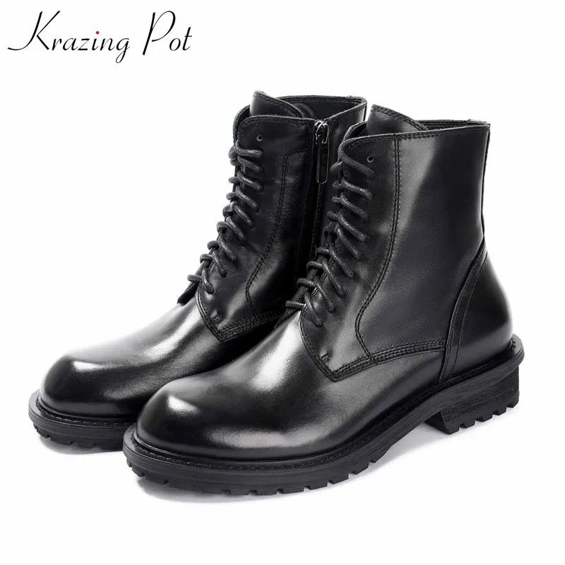 Krazing pot/черный цвета; ; женские туфли модные Полусапоги из бычьей кожи, с круглым носком, на среднем каблуке Зимние Теплые ботильоны на шнуровке и молнии L0f5