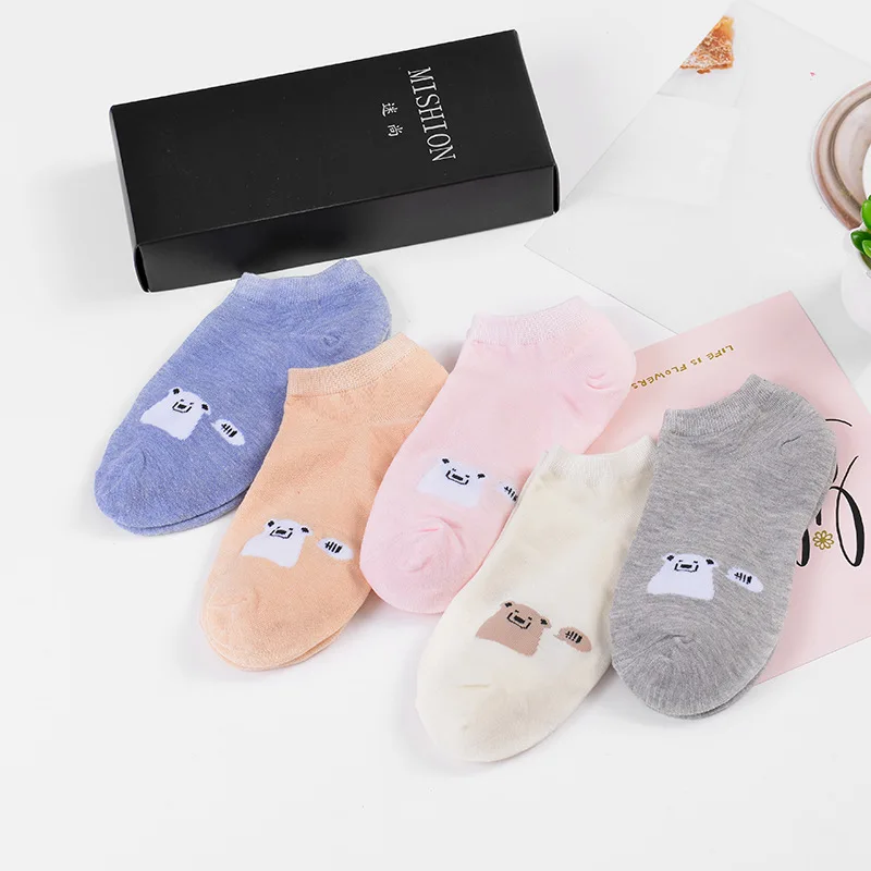 Bear box Забавные животные узорные женские короткие носки 5 пар милые мультфильм Ulzzang Хлопок лодыжки дышащие женские Harajuku Cool Sox - Цвет: Bear box