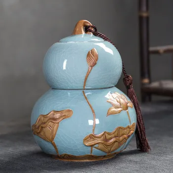 

Double layer Lotus Tea Caddy Ceramic Medium Gourd Shape Tea Packaging Box Sealed Storage Tank Seasoning Storage Bottle Tea Jar