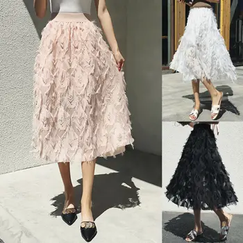 

Sweet Girl Feathers Tassels Skirt Spring Autumn Women High Waist Skirt Elegant Lady Elastic Holiday Tulle Tutu Skirts 4Colors
